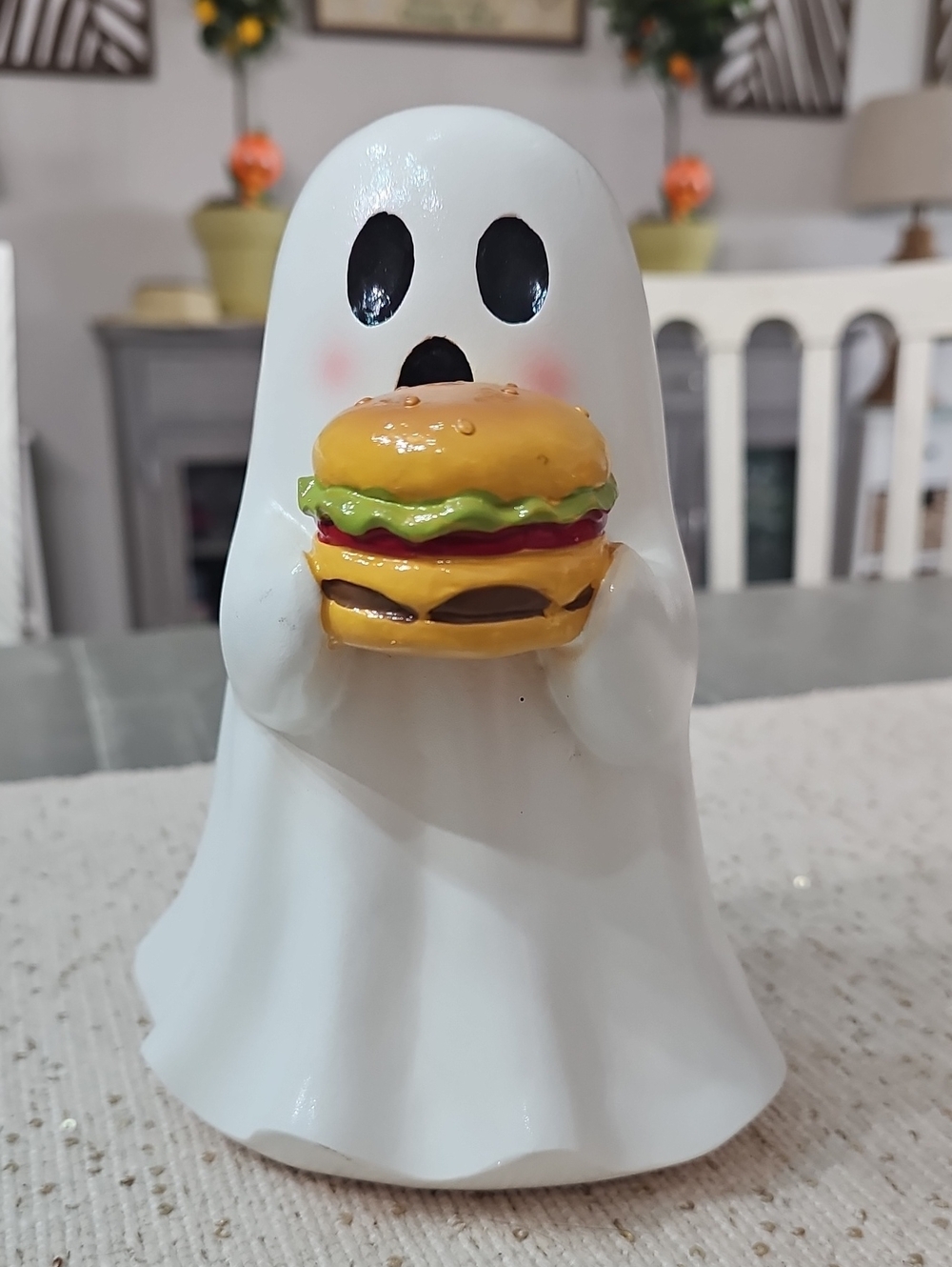 New! Halloween Ghost Figurine Holding Cheeseburger 👻🍔
